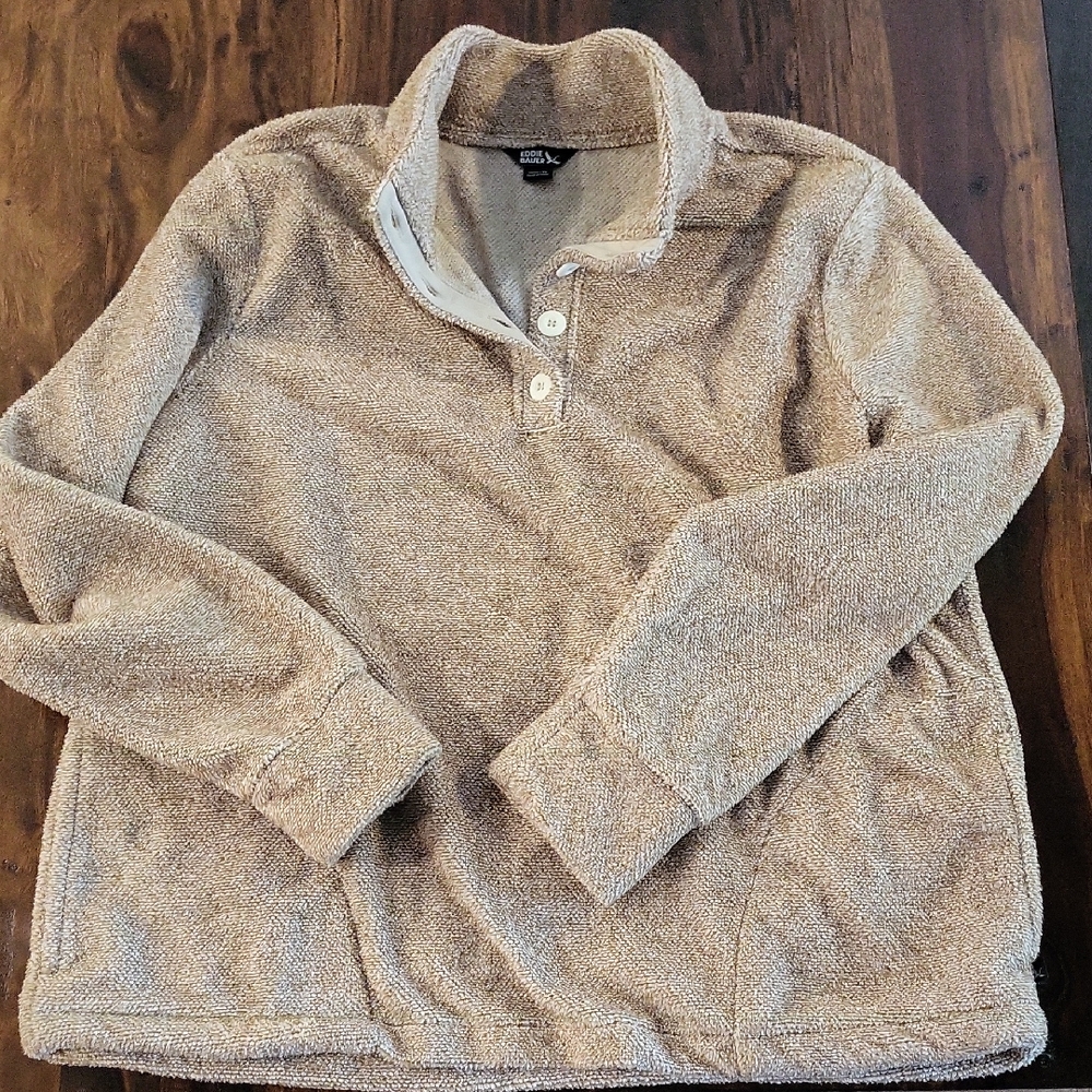Eddie Bauer Tan Crewneck Sweater Plush Comfort 3/4 Button Exc Cond Sz XL
